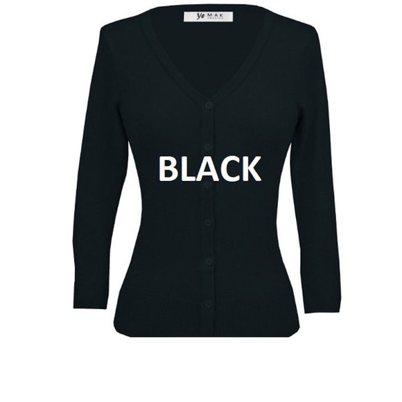 Women's 3/4 Sleeve V-Neck Button Down Knit Cardigan Sweater Black color - Picture 1 of 3